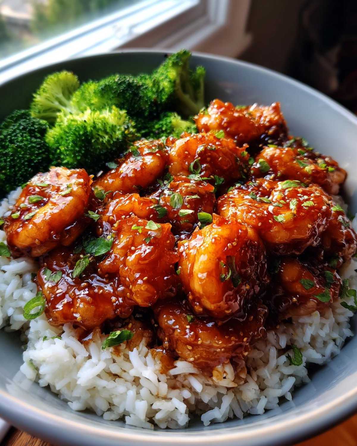 Close-up of a Spicy Honey Garlic Shrimp Bowl featuring glazed shrimp over white rice and steamed broccoli florets.