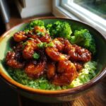 A close-up of a Spicy Honey Garlic Shrimp Bowl featuring glazed shrimp over green rice, served with steamed broccoli florets.