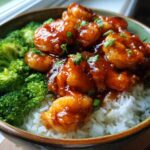 Close-up of a bowl featuring Spicy Honey Garlic Shrimp served over white rice with steamed broccoli.