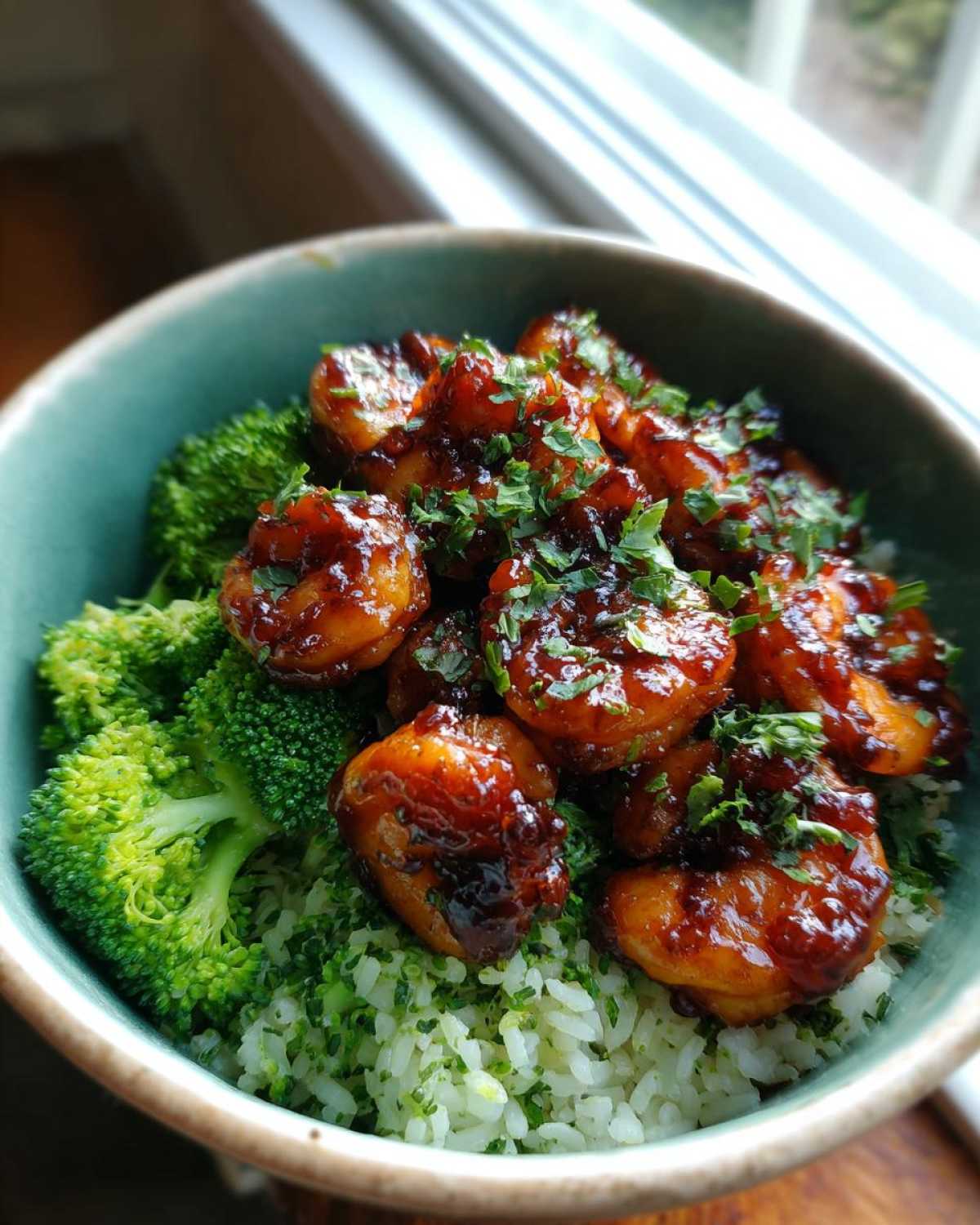 Close-up of a bowl featuring Spicy Honey Garlic Shrimp served over rice and bright green broccoli florets.