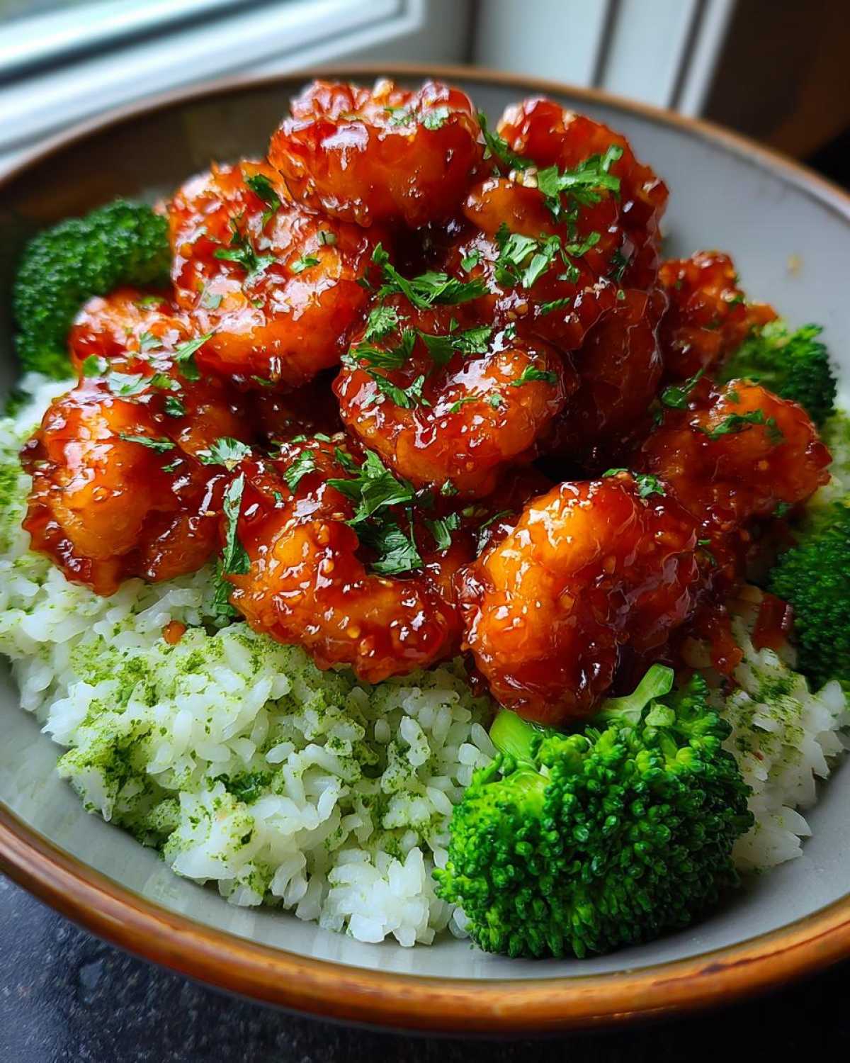 Close-up of a Spicy Honey Garlic Shrimp with Rice Bowl, featuring glazed shrimp, green rice, and broccoli florets.