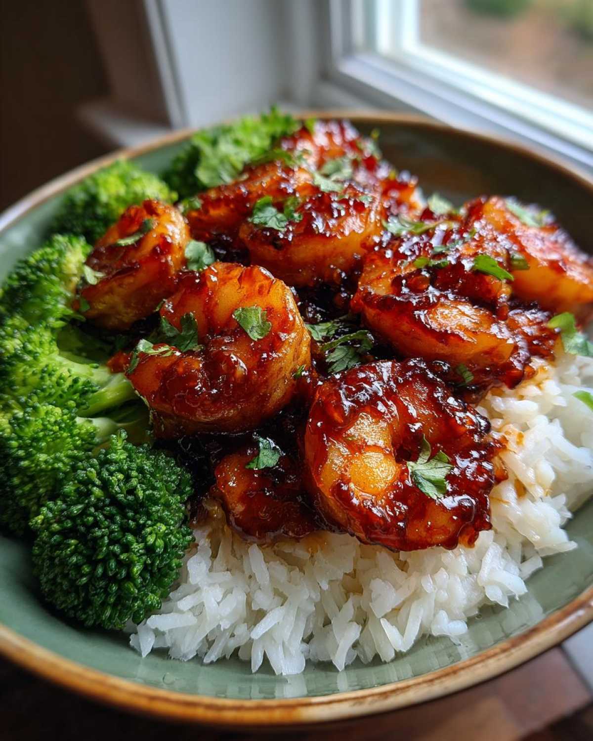 Close-up of a Spicy Honey Garlic Shrimp with Rice Bowl, featuring glazed shrimp over white rice and steamed broccoli.