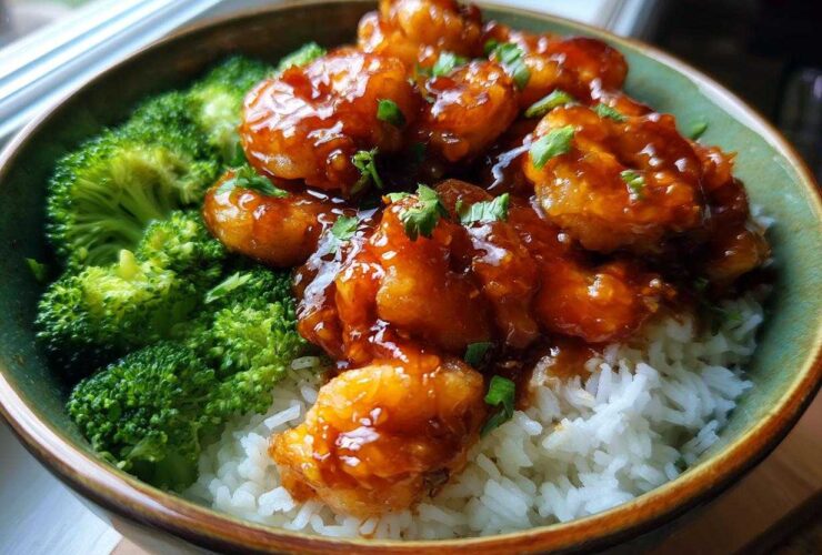 Close-up of a bowl featuring Spicy Honey Garlic Shrimp served over white rice with steamed broccoli.