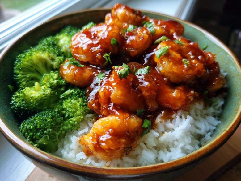 Close-up of a bowl featuring Spicy Honey Garlic Shrimp served over white rice with steamed broccoli.
