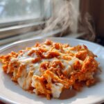 A serving of hot, cheesy Baked Buffalo Chicken Dip steaming on a white plate near a window.