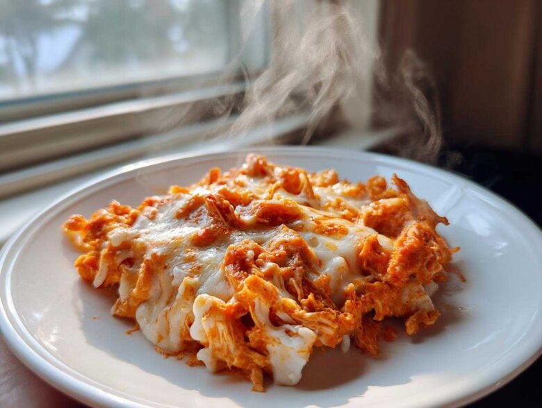 A serving of hot, cheesy Baked Buffalo Chicken Dip steaming on a white plate near a window.