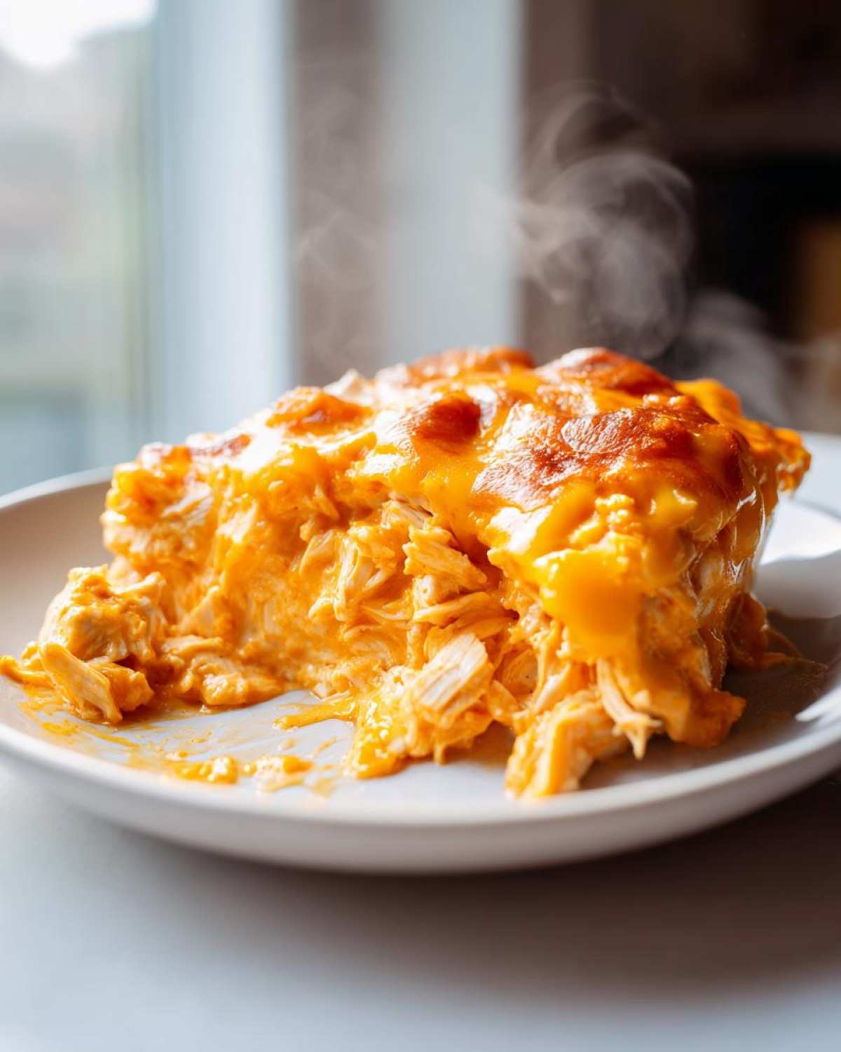 A close-up of a serving of hot, steaming Baked Buffalo Chicken Dip with melted, browned cheese on top.