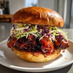Close-up of a Sticky BBQ Chicken Sandwich featuring glazed chicken pieces and vibrant crunchy slaw on a brioche bun.