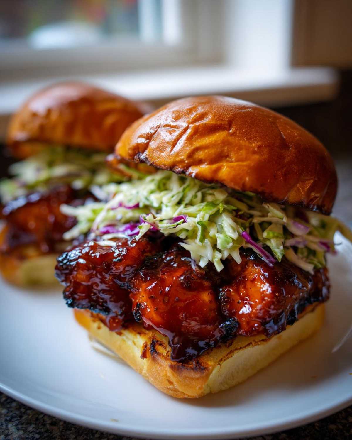 Close-up of a Sticky BBQ Chicken Sandwich featuring glazed chicken and crunchy slaw on a toasted bun.