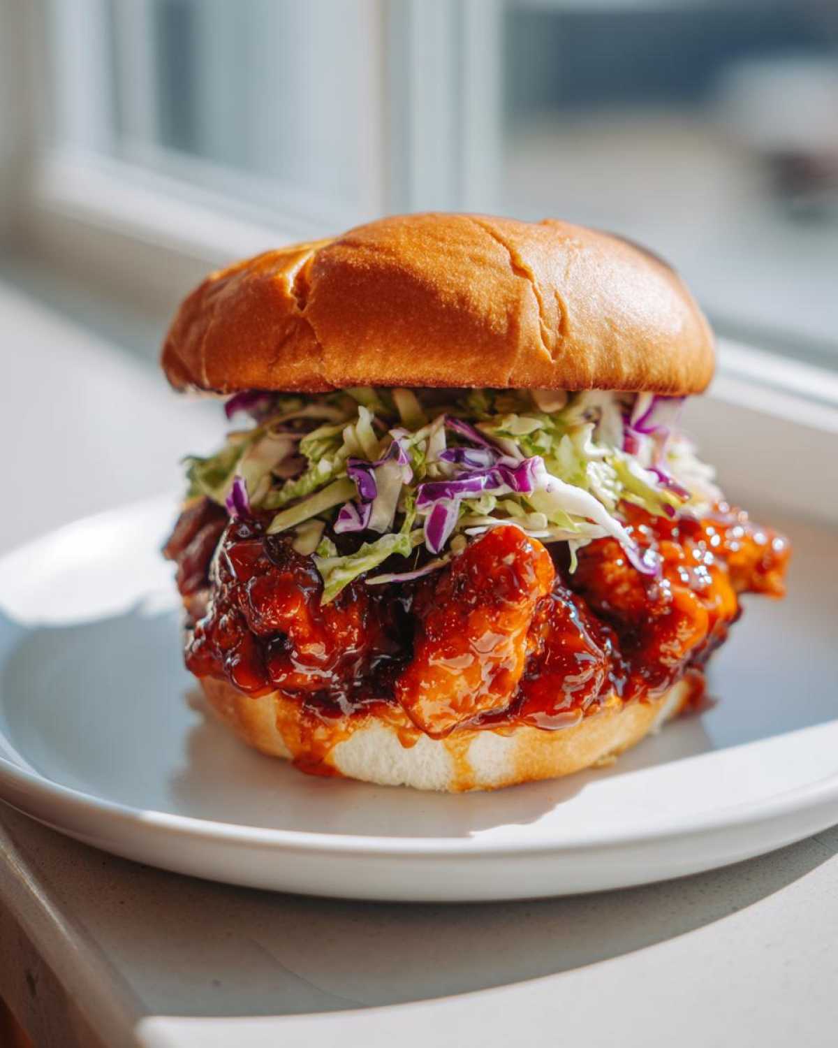 A close-up of a Sticky BBQ Chicken Sandwich piled high with glossy sauce and crunchy slaw on a brioche bun.