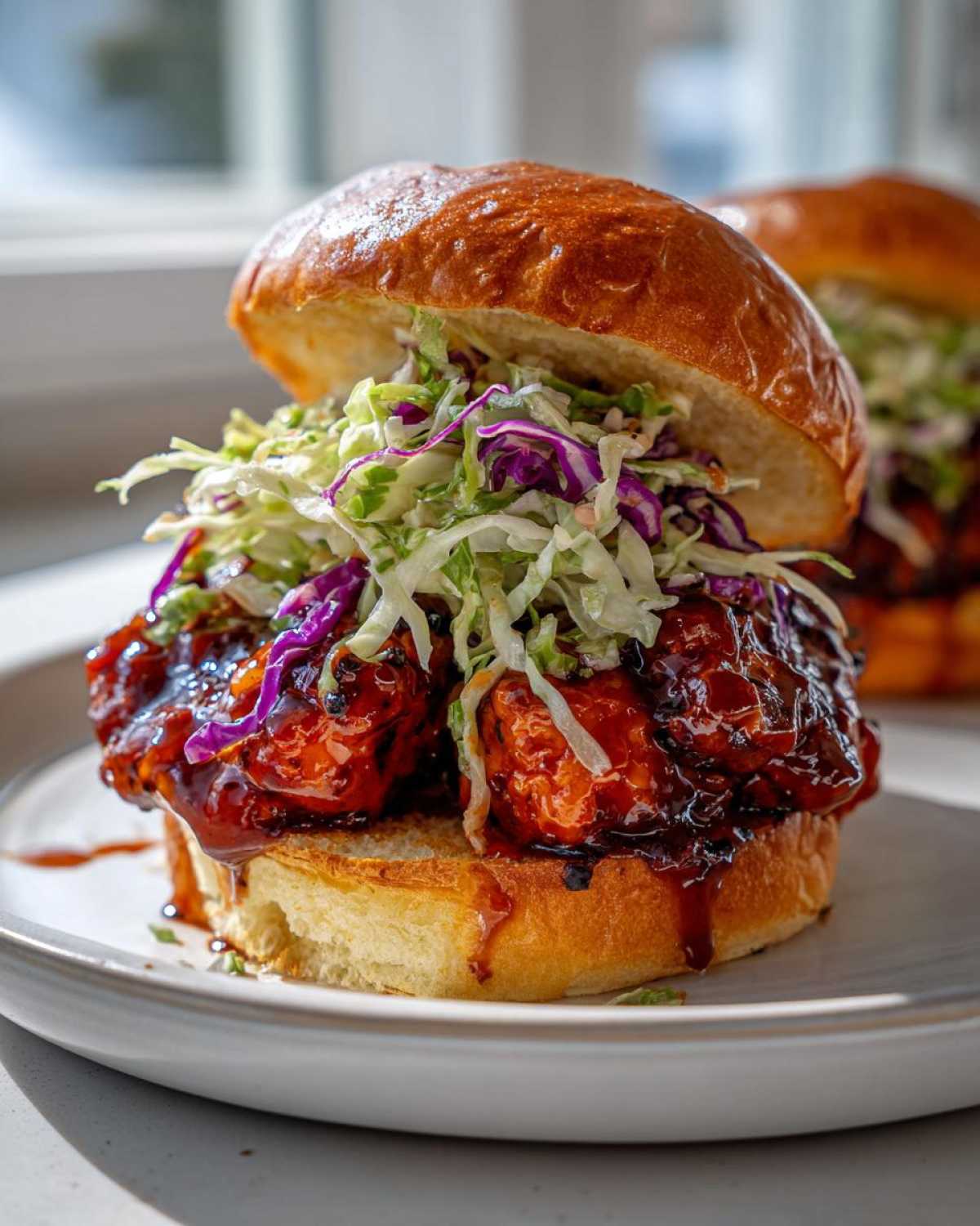 A close-up of a Sticky BBQ Chicken Sandwich featuring saucy chicken and crunchy slaw on a brioche bun.