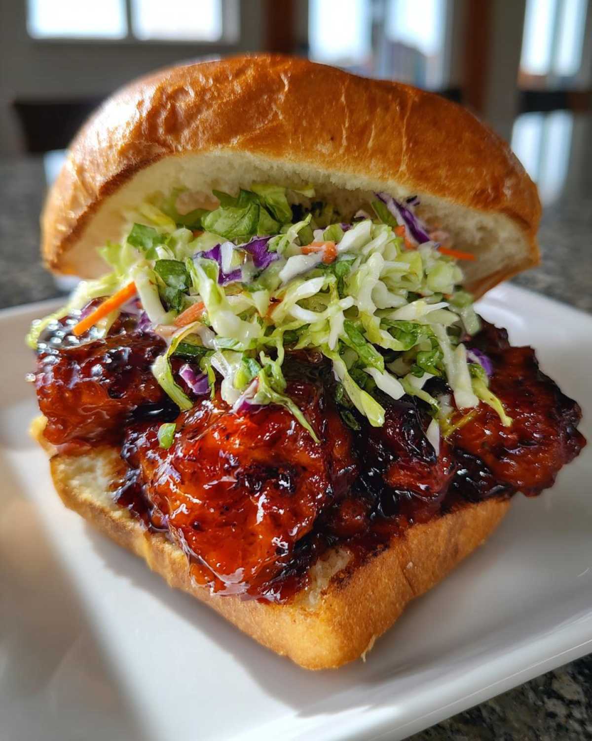 A close-up of a Sticky BBQ Chicken Sandwich featuring glazed chicken and a vibrant crunchy slaw on a toasted bun.