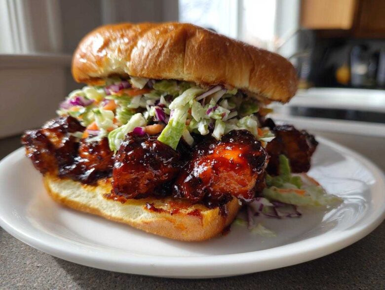 Close-up of a Sticky BBQ Chicken Sandwich with chunks of glazed chicken and crunchy slaw on a brioche bun.