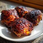 Four glistening, dark-glazed Sticky BBQ Chicken Thighs with crispy edges resting on a white plate.