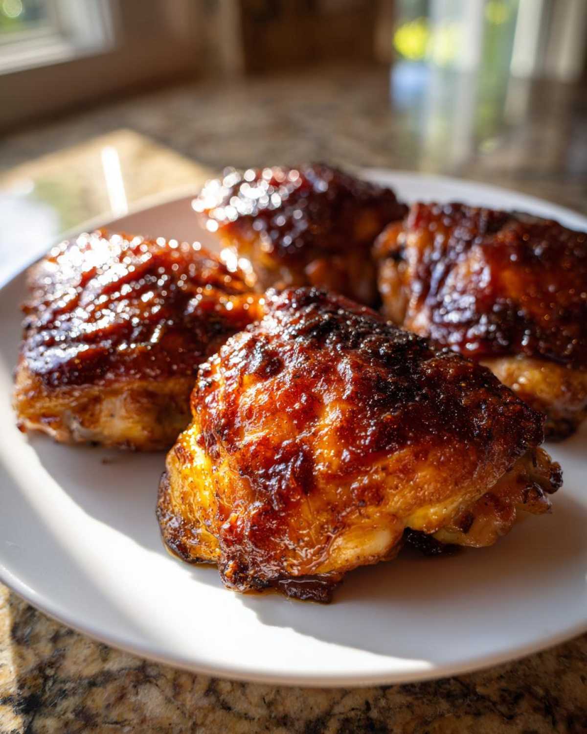 Four pieces of Sticky BBQ Chicken Thighs with crispy, caramelized edges served on a white plate.