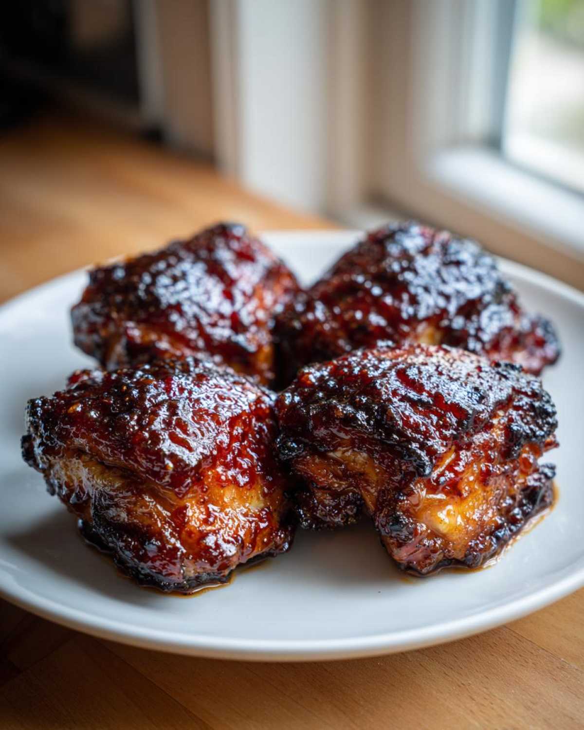 Four perfectly cooked Sticky BBQ Chicken Thighs with crispy, caramelized edges resting on a white plate.