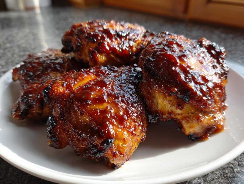 Close-up of four glistening Sticky BBQ Chicken Thighs with crispy, caramelized edges served on a white plate.