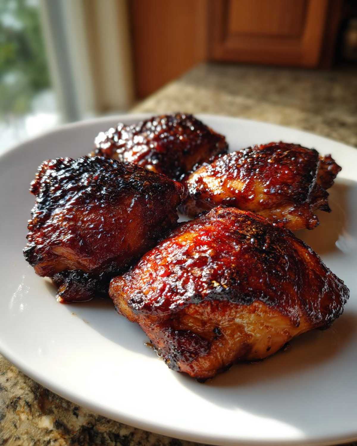 Four perfectly cooked Sticky BBQ Chicken Thighs with crispy, caramelized edges served on a white plate.