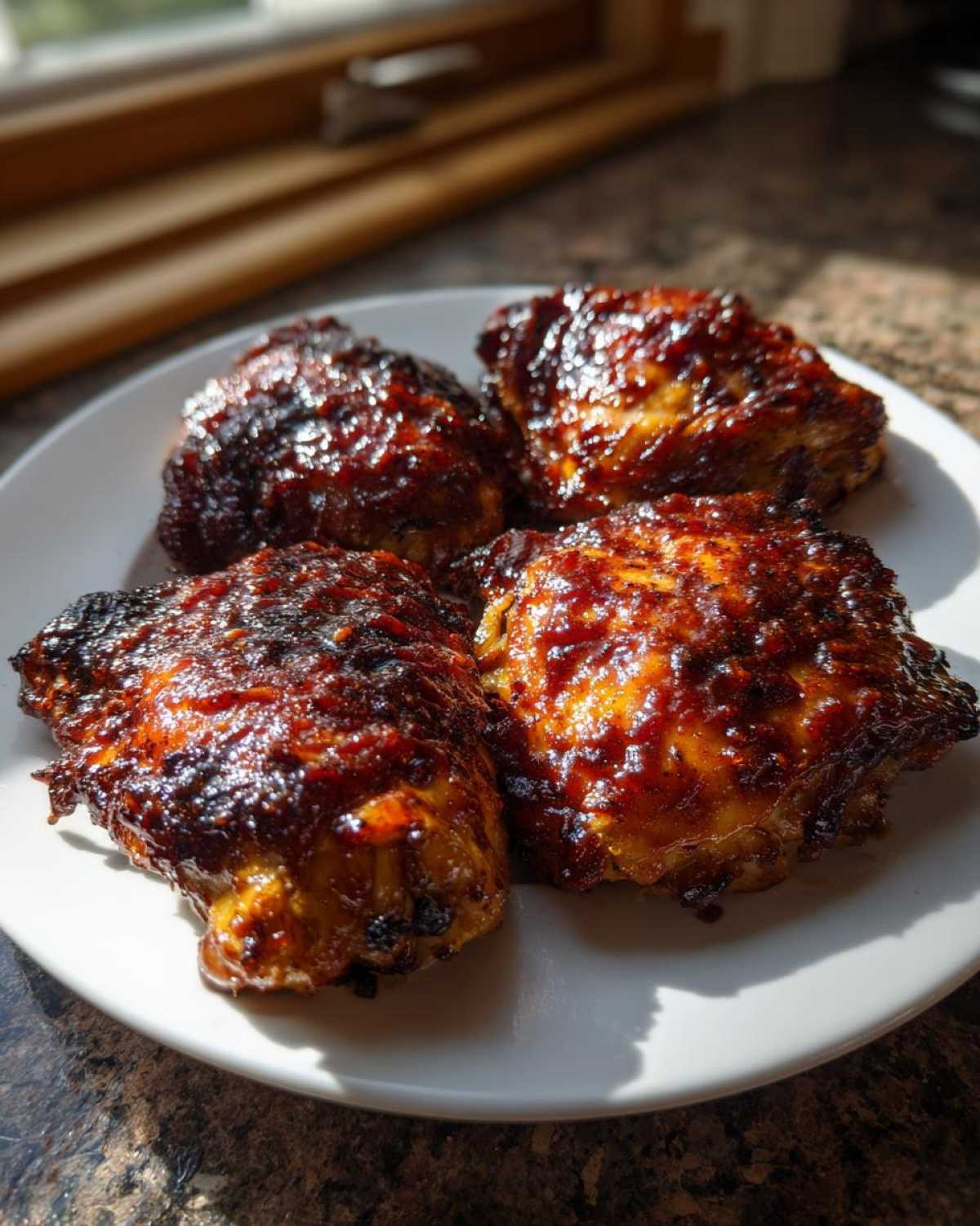 Four perfectly cooked Sticky BBQ Chicken Thighs with crispy, caramelized edges served on a white plate.