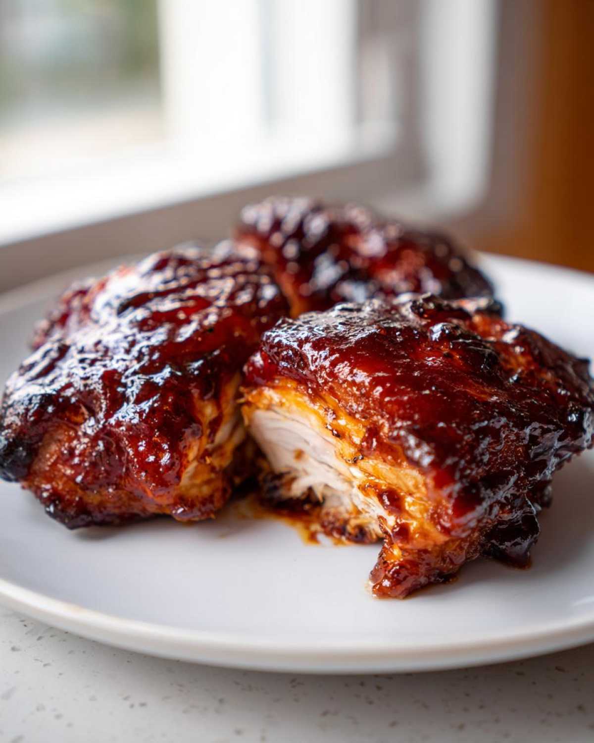 Close-up of three juicy Sticky BBQ Chicken Thighs with Honey Glaze on a white plate, one piece cut open showing white meat.