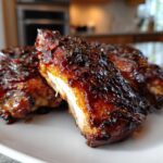 Three pieces of Sticky BBQ Chicken Thighs with Honey Glaze, glistening with a dark, caramelized sauce, served on a white plate.