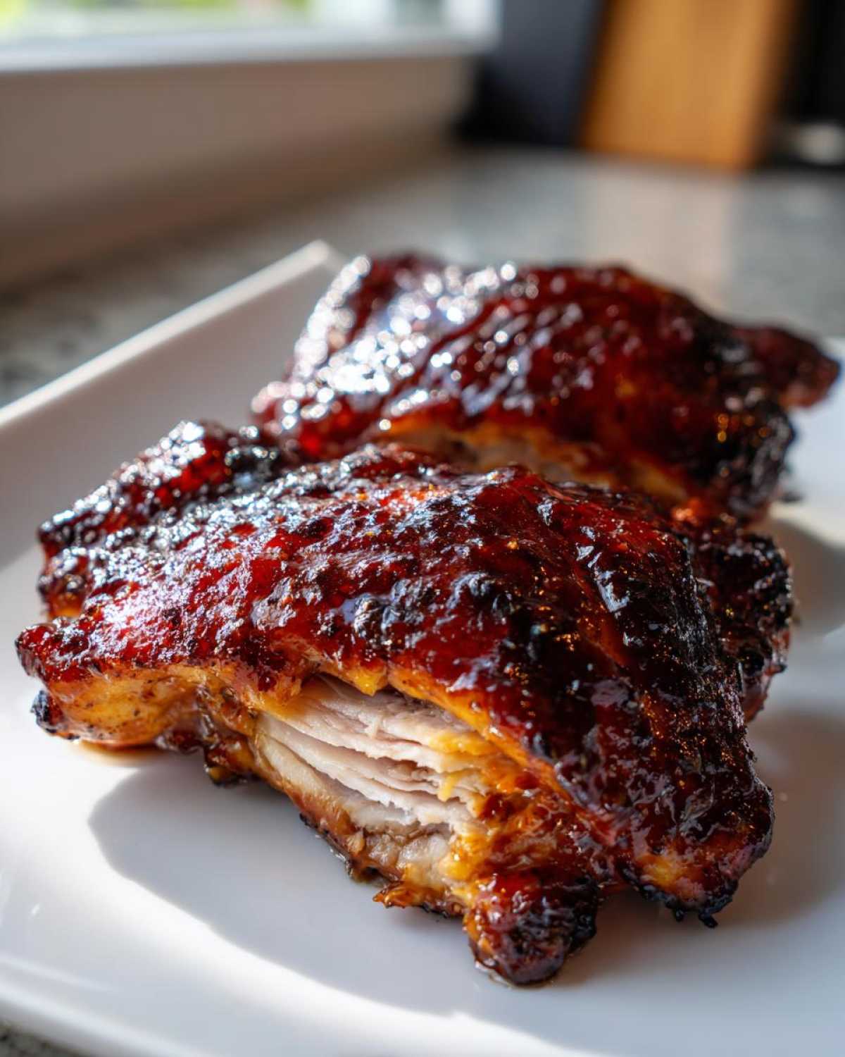 Close-up of two tender Sticky BBQ Chicken Thighs glistening with a dark, caramelized honey glaze on a white plate.