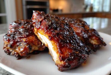 Three pieces of Sticky BBQ Chicken Thighs with Honey Glaze, glistening with a dark, caramelized sauce, served on a white plate.