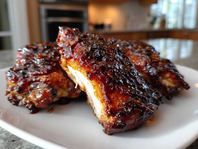 Three pieces of Sticky BBQ Chicken Thighs with Honey Glaze, glistening with a dark, caramelized sauce, served on a white plate.