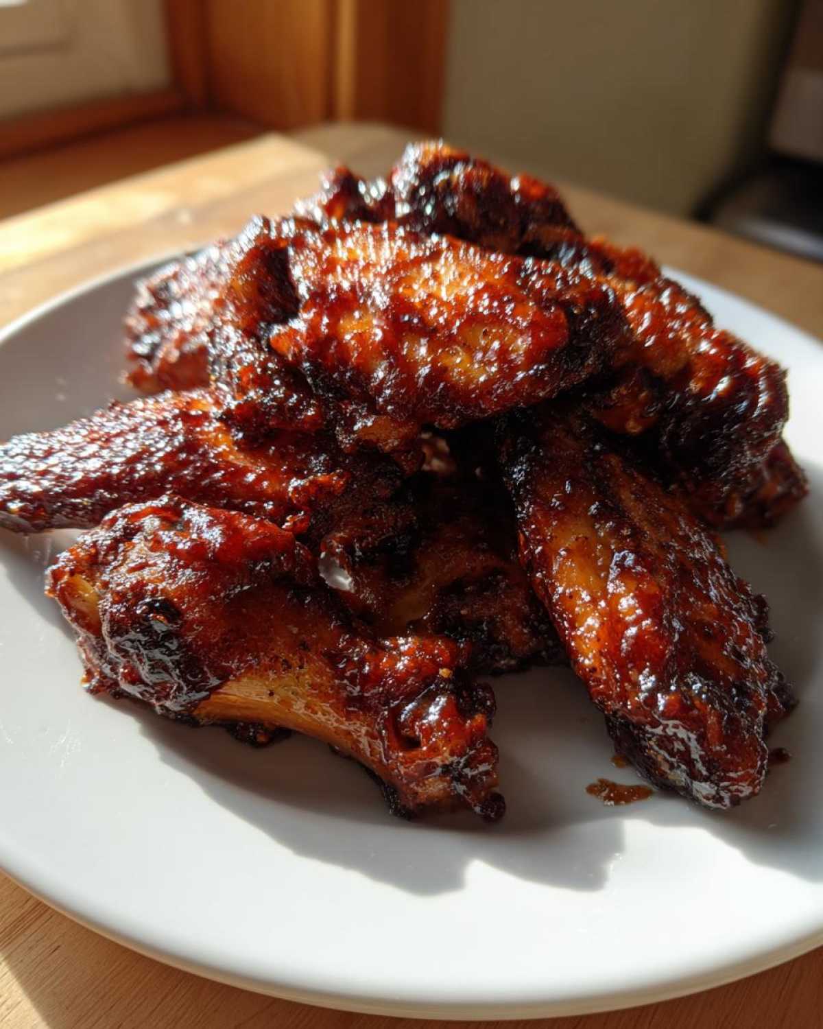 A close-up of several Sticky BBQ Chicken Wings Crispy Oven Style piled high on a white plate, glistening with dark sauce.