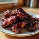 A pile of glistening, dark, Sticky BBQ Chicken Wings Crispy Oven Style coated in a thick, shiny sauce, served on a white plate.
