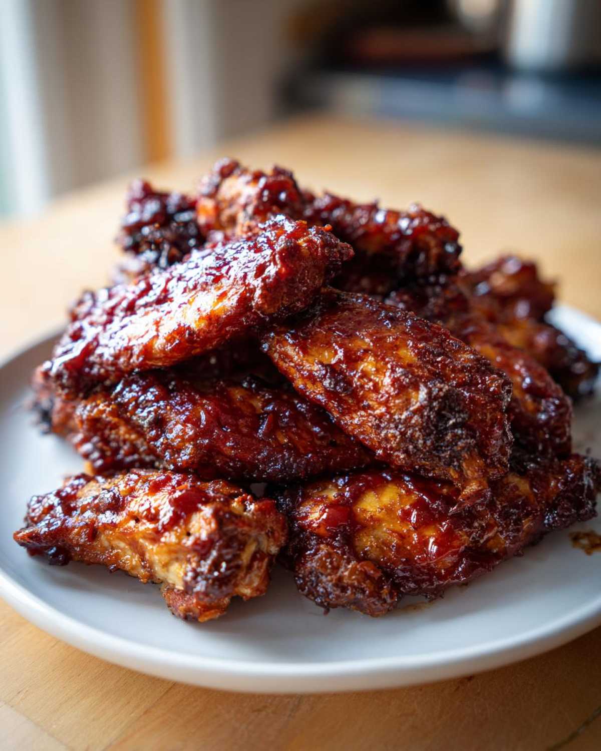 A pile of crispy Sticky BBQ Chicken Wings Crispy Oven Style coated in a thick, glossy sauce on a white plate.