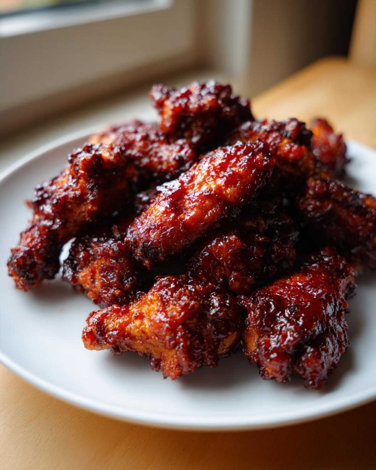 A close-up of several crispy oven-baked Sticky BBQ Chicken Wings coated in a thick, glossy sauce on a white plate.