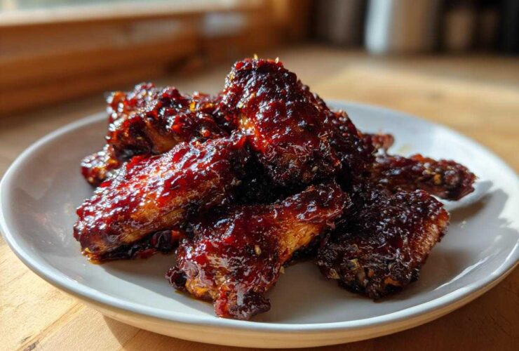 A pile of glistening, dark, Sticky BBQ Chicken Wings Crispy Oven Style coated in a thick, shiny sauce, served on a white plate.