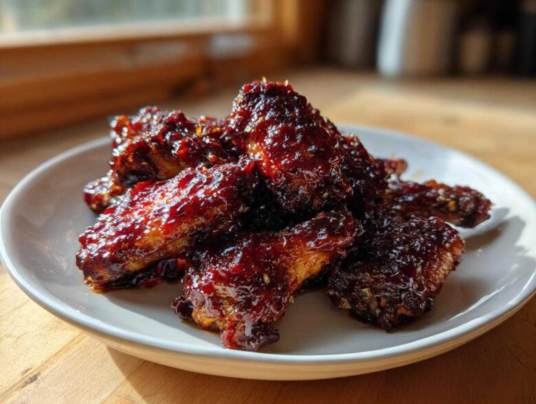 A pile of glistening, dark, Sticky BBQ Chicken Wings Crispy Oven Style coated in a thick, shiny sauce, served on a white plate.