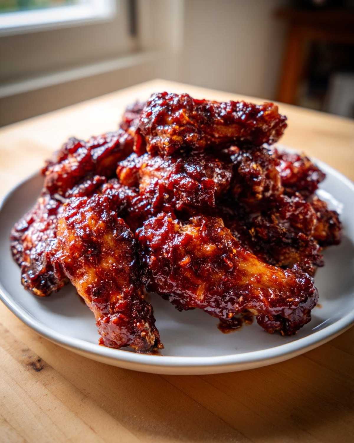 A close-up of a mound of Sticky BBQ Chicken Wings Crispy Oven Style, glistening with thick, dark sauce on a white plate.