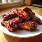 A plate piled high with glossy, dark brown Sticky BBQ Chicken Wings Crispy Oven Style, glistening under natural light.