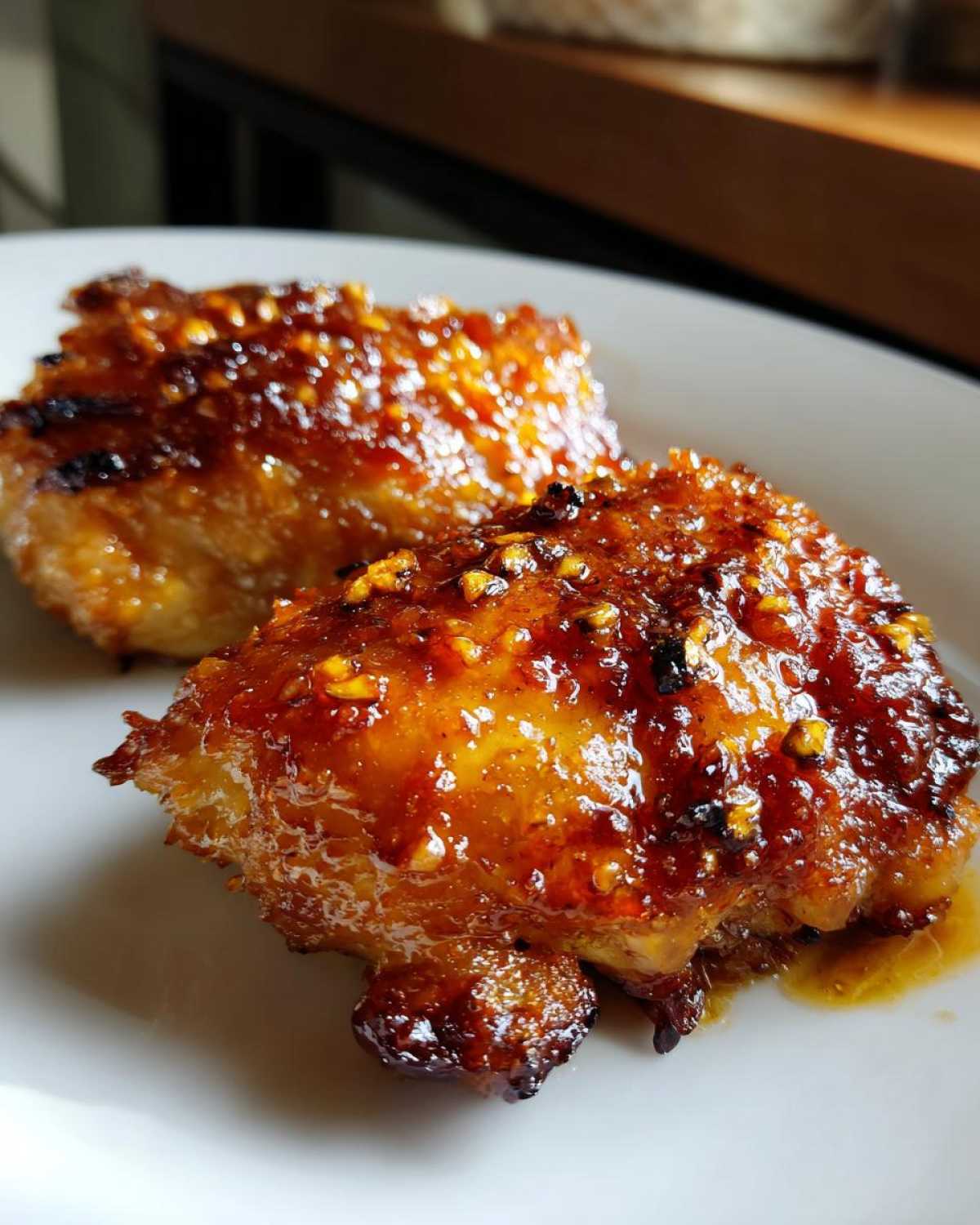 Two pieces of glazed Sticky Honey Soy Chicken Thighs with Garlic, glistening under a rich, caramelized sauce.