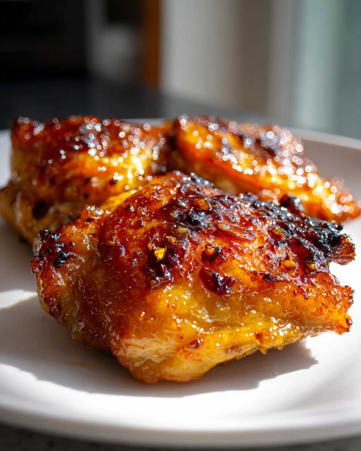 Close-up of perfectly glazed Sticky Honey Soy Chicken Thighs with a shiny, caramelized, and slightly charred exterior.