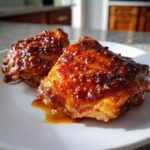 Two pieces of perfectly cooked Sticky Honey Soy Chicken Thighs glistening with a thick, caramelized glaze on a white plate.