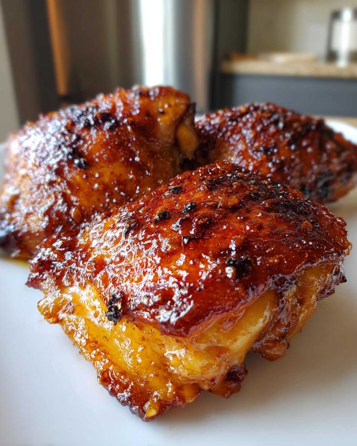 Close-up of three perfectly cooked Sticky Honey Soy Chicken Thighs with a rich, glossy, caramelized glaze.