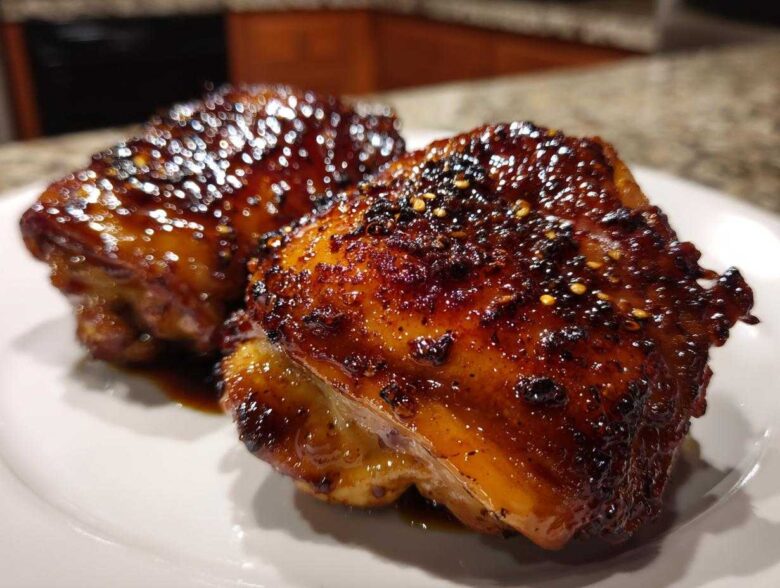 Two perfectly glazed Sticky Honey Soy Chicken Thighs with Garlic resting on a white plate.