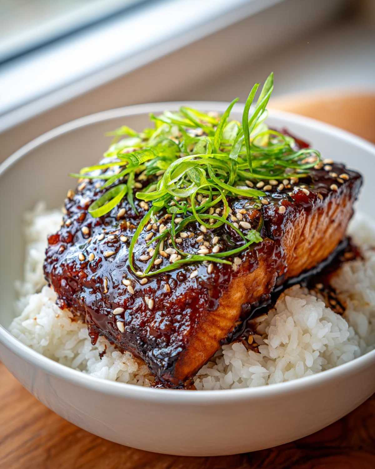 Close-up of a perfectly cooked piece of Sticky Honey Soy Salmon with a thick glaze, sesame seeds, and scallions, served over white rice.