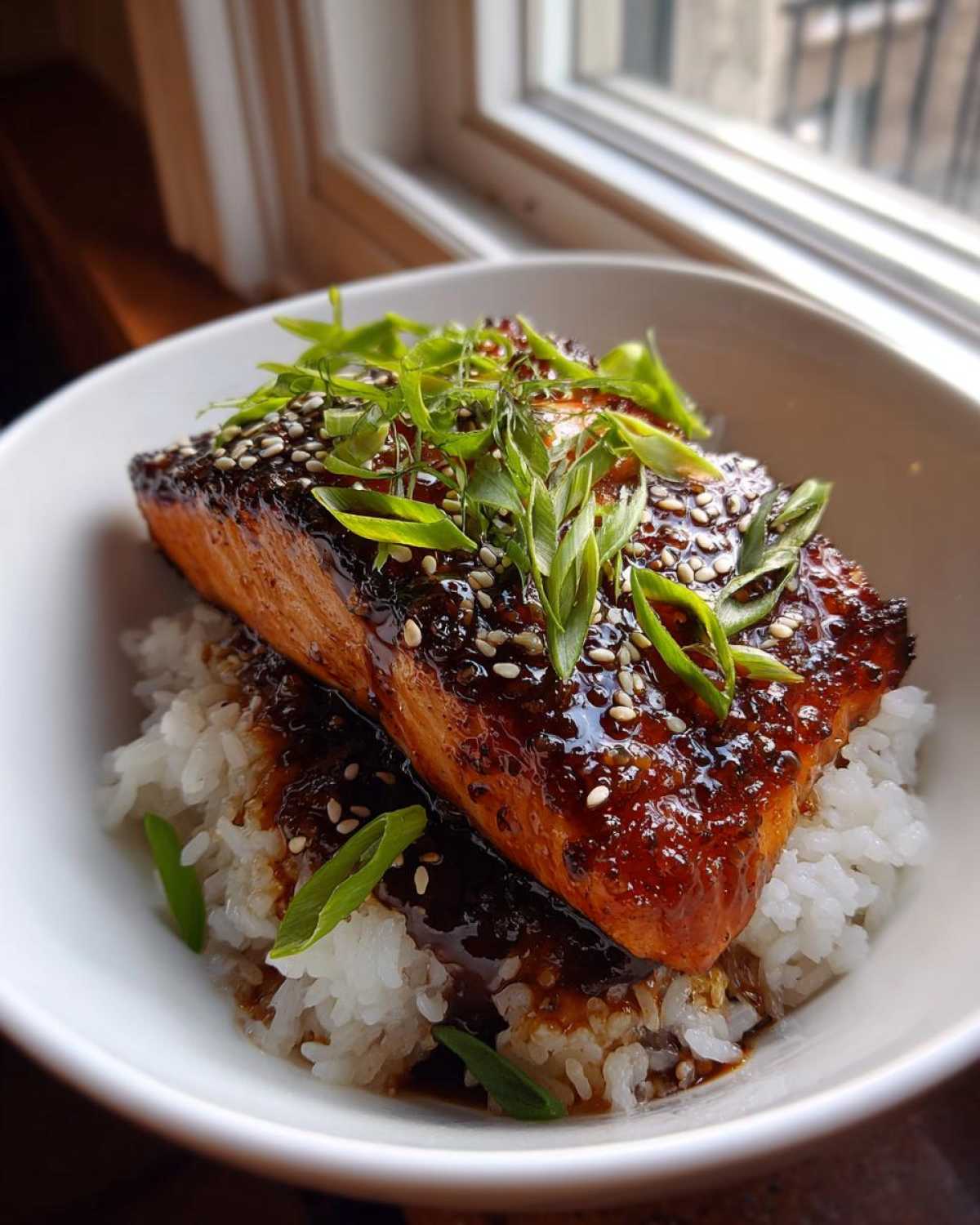 A close-up of a perfectly cooked Sticky Honey Soy Salmon with a glossy glaze, served over white rice and topped with sesame seeds and green onions.