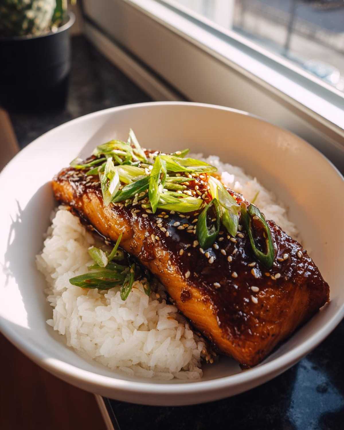 Close-up of a perfectly cooked Sticky Honey Soy Salmon fillet served over white rice, garnished with sesame seeds and green onions.