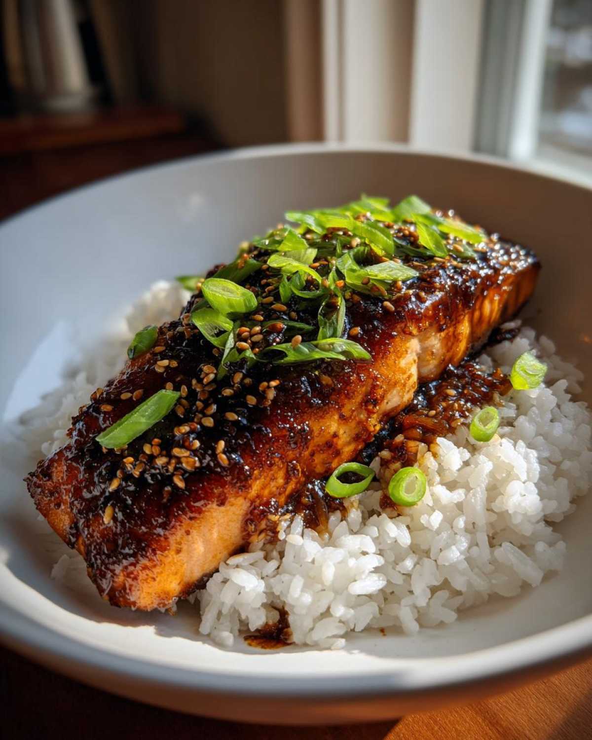 A perfectly cooked fillet of Sticky Honey Soy Salmon glazed with sauce, topped with sesame seeds and green onions, served over white rice.