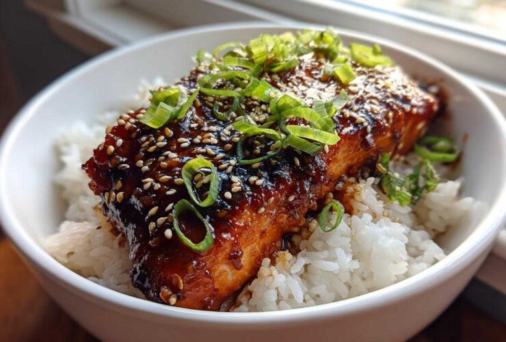 A close-up of a Sticky Honey Soy Salmon with Rice Bowl, featuring glazed salmon topped with sesame seeds and green onions.