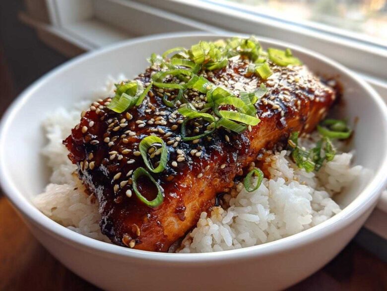 A close-up of a Sticky Honey Soy Salmon with Rice Bowl, featuring glazed salmon topped with sesame seeds and green onions.