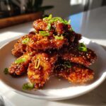 A pile of Sticky Orange Chicken Wings with Honey Glaze, glistening and topped with sesame seeds and chopped green onions.