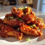 A pile of glistening Sticky Orange Chicken Wings with Honey Glaze, garnished with sesame seeds and green onions.