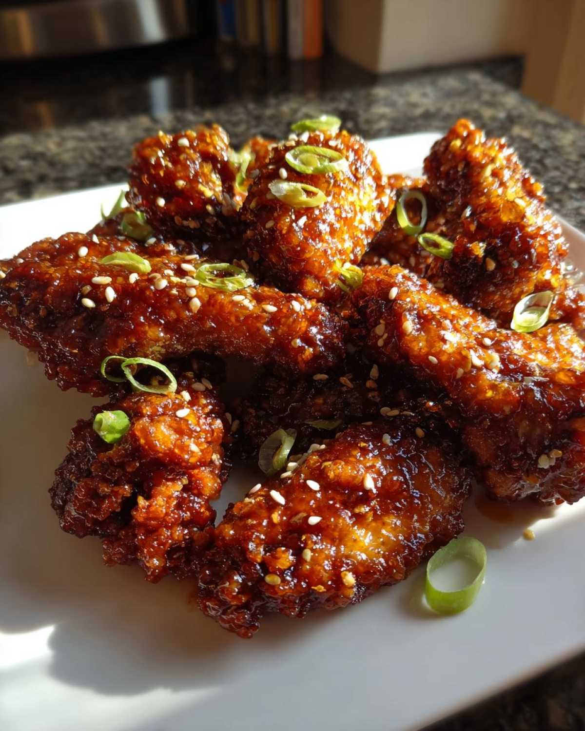 Close-up of Sticky Orange Chicken Wings with Honey Glaze, coated in sauce, sprinkled with sesame seeds and green onions.